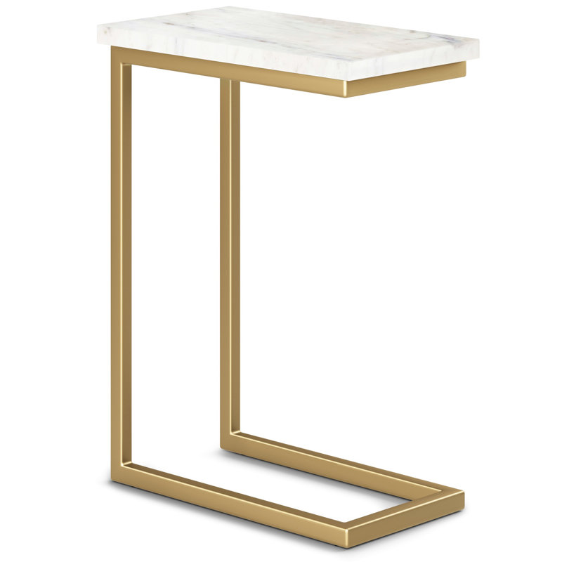 Skyler Genuine Marble C-Shape Industrial End Table With Metal Frame, Assembled, White Top/Gold Base