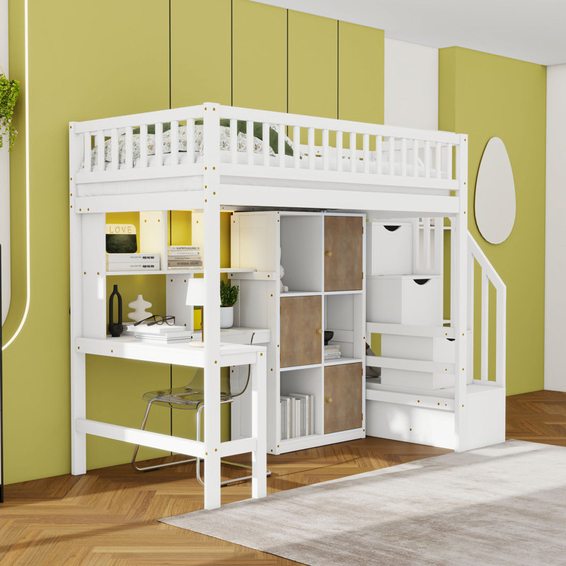 Lit mezzanine simple en bois avec bureau intégré, tablettes, armoires et DEL, Blanc