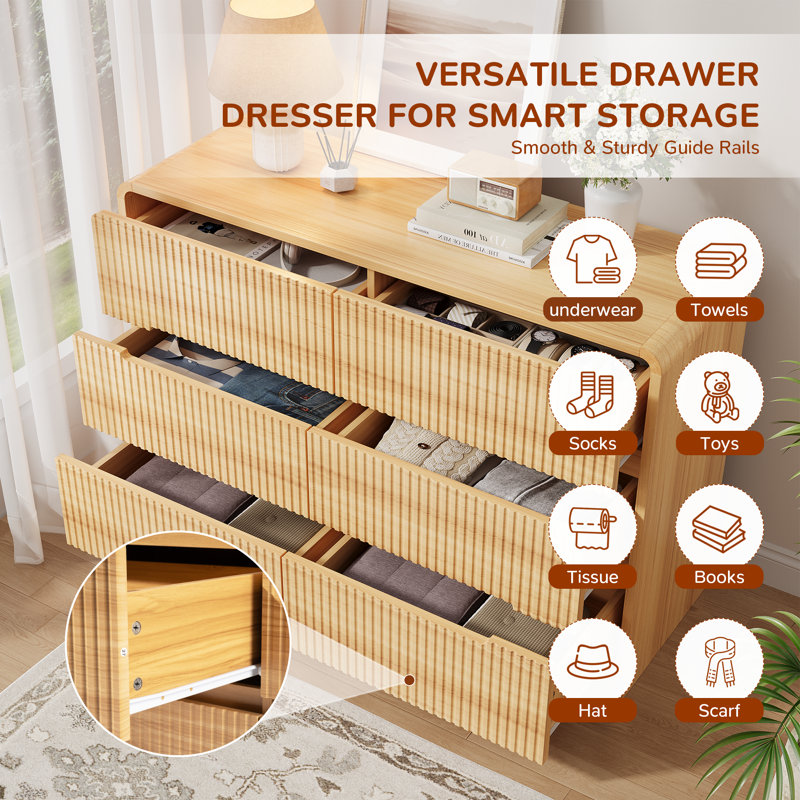 Ato 47.3" W 6 Drawer Mid-Century Modern, Wooden Double Dresser with Curved Profile and Fluted Design, Oak
