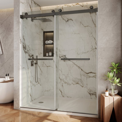 Sola 50"-55" W X 76 H Frameless Double Sliding Shower Door In Gunmetal With 3/8"(10mm) SGCC Certified Clear Tempered Glass, 2 Towel Bars