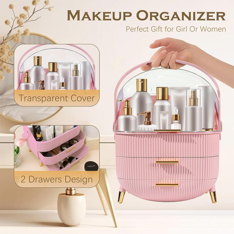 Pink ABS Makeup Organizer with Lid and Drawers