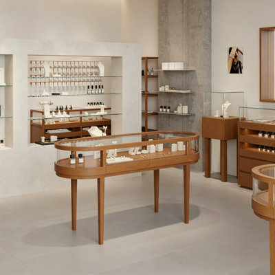Vitrine à bijoux moderne fermée avec portes vitrées, vitrine autoportante en verre avec poignées dissimulées, meuble de rangement sécurisé pour chambre, salon et espace commercial.