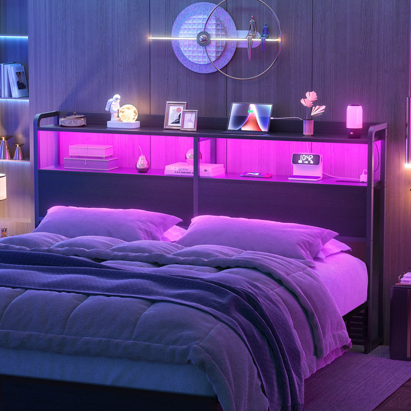 Storage Headboards With Outlets,USB Ports And LED Light, King, Black