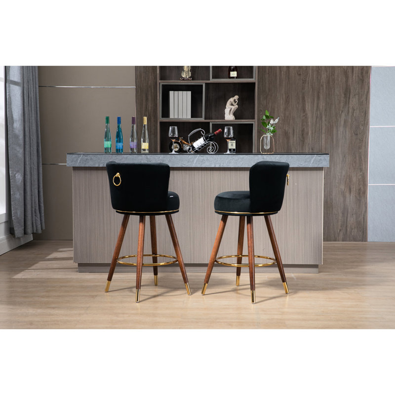 2 tabourets de bar à hauteur de comptoir - pieds en bois massif, siège pivotant fixe à 360 ° et repose-pieds intérieur rembourré noir 2, pieds fixes à 360 degrés, repose-pieds, style rétro confortable