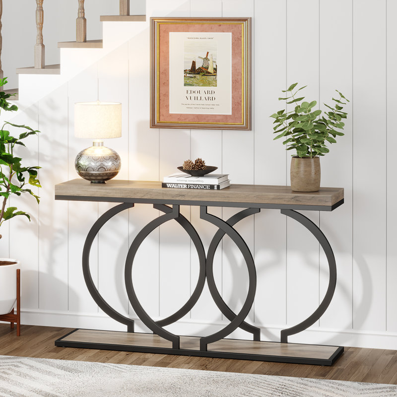 Korrion 55.11" Console Table with Metal Frame, Narrow Sofa Table for Living Room, Entrance, Hallway, Gray/Black