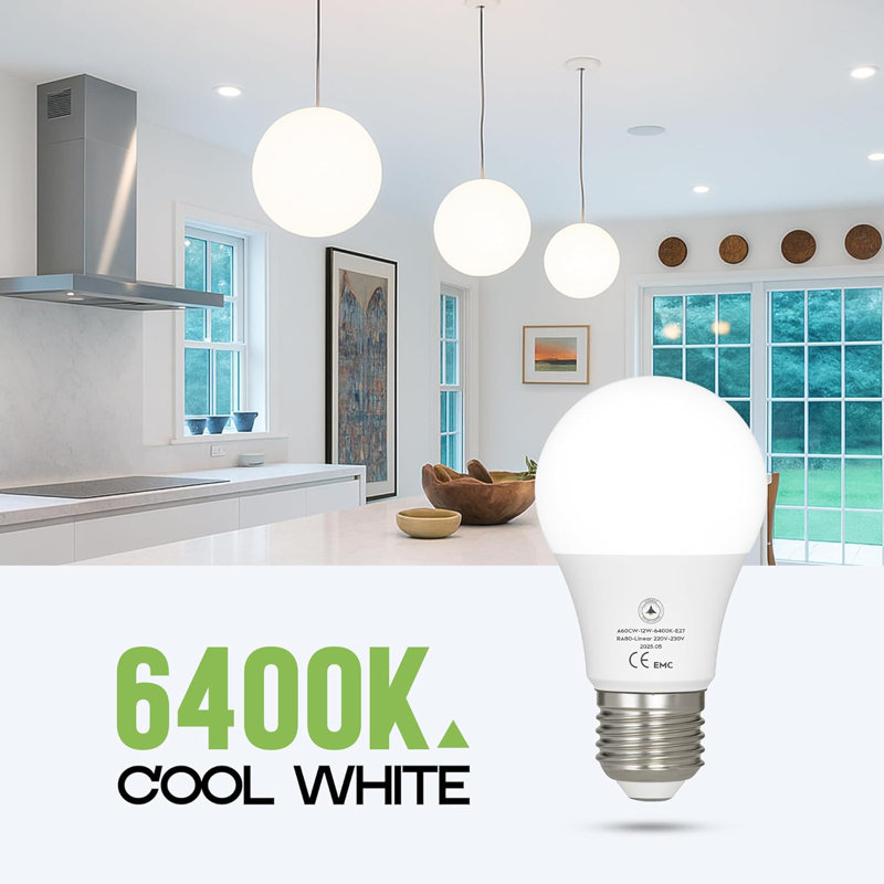 6 Pack LED E27 A60 Light Bulb, 12W(100W Equivalent) Non-Dimmable Cool White 6400K 1206lm Edison Screw GLS 60mm Diameter Energy Saving Light for Home Living Dining Area