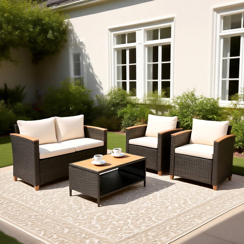 Lilyan 4 Piece Outdoor Rattan Sofa Seating Group with Cushions, Dark Brown/White Wash