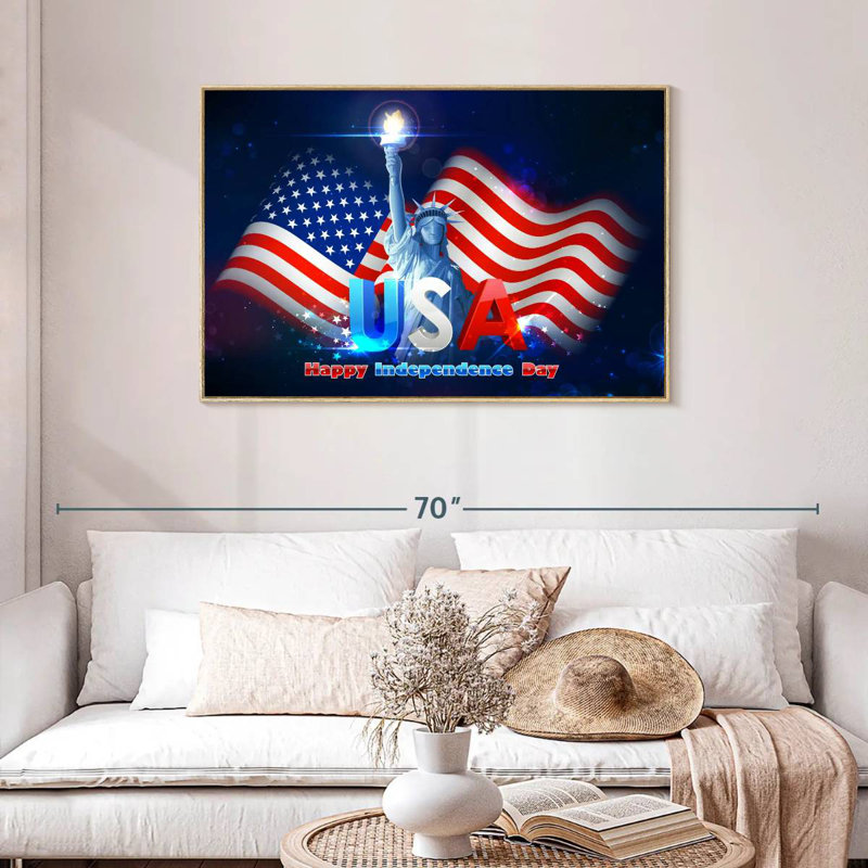 Statue de la liberté, drapeau des États-Unis, Cadre flottant en bois naturel, 43 po x 29 po