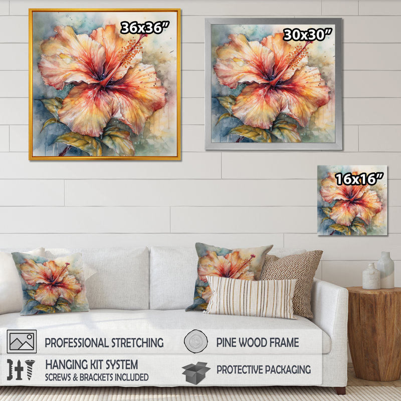 Hibiscus Euphoria II gris orange de Rrahim - art mural hibiscus, H 36 po x l 36 po, Cadre flottant doré