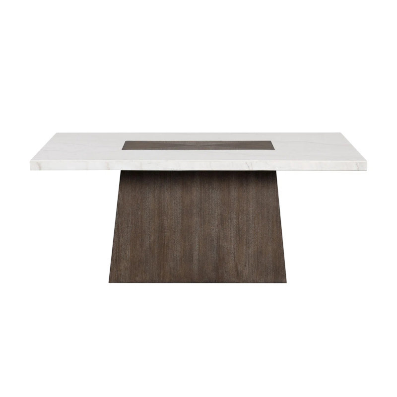 Table de salle à manger rectangulaire en faux marbre avec base en noyer foncé et blanc