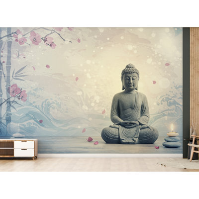 Murale zen Bouddha spa - Papier peint méditation minimaliste avec des vagues de cerisiers en fleurs - aquarelle calme, décor de bien-être neutre 699RS (non tissé) RS699