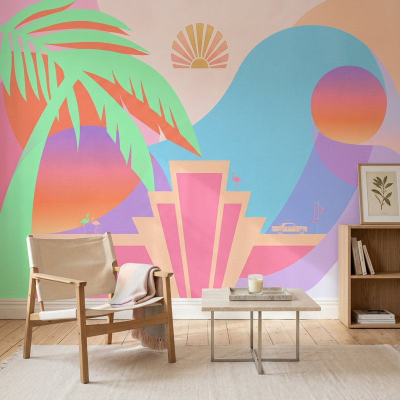 Papier peint Art déco Miami Vibe Tropical, 120 po x 96 po, Peler et coller