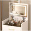 Bureau de coiffeuse 3 en 1 avec miroir ouvert, petit ensemble de coiffeuse avec bureau en verre visible, coiffeuse de maquillage compacte avec 3 tiroirs, coiffeuse pour chambre à coucher