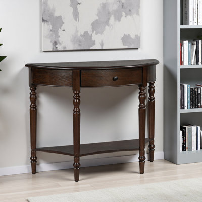 Table d'appoint en demi-lune avec tiroirs et tablettes, idéale pour les entrées, les salons, les couloirs et les foyers.