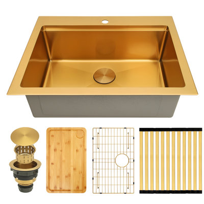  28" L x 22" W Drop In Topmount Workstation Kitchen Sink 16 Gauge Stainless Steel Gold Kitchen Sink with Accessories