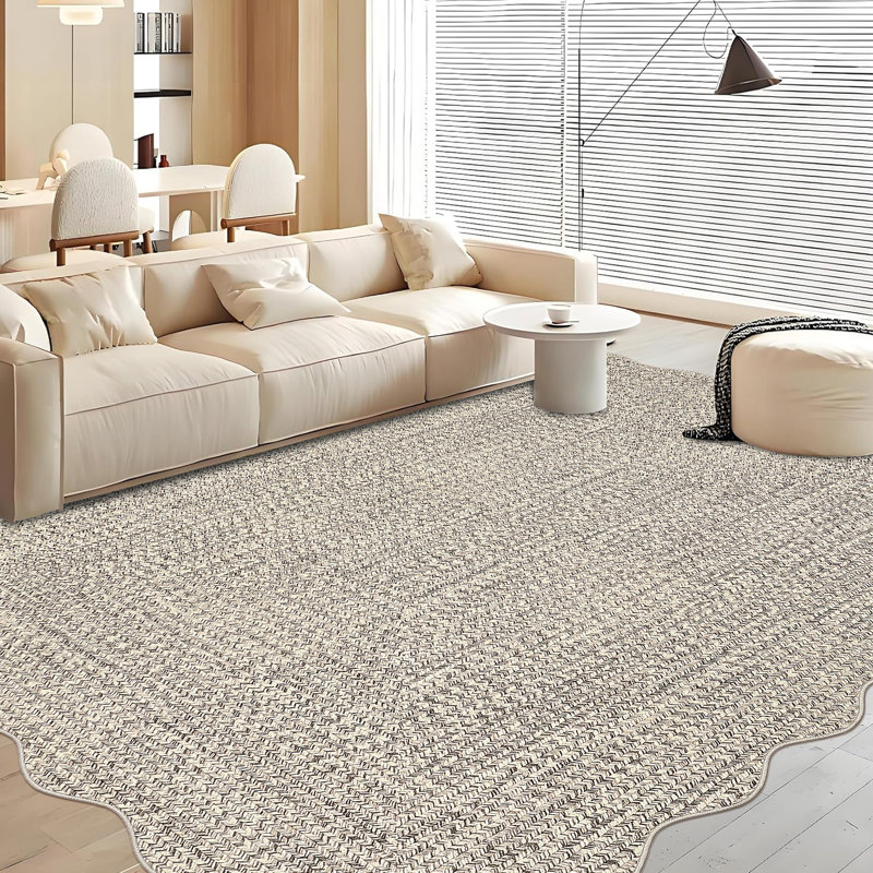 Washable Rug Scalloped Rug Non Slip, Farmhouse Braided Print Carpet, Soft Non Shedding Floor Covering, Low Pile Thin Foldable Mats, Indoor Neutral Carpet for Living Room Bedroom