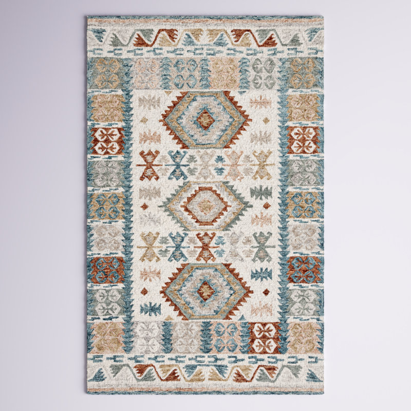Tapis marocain ivoire / bleu en laine / coton touffeté à la main, Rectangle 5 pi x 8 pi