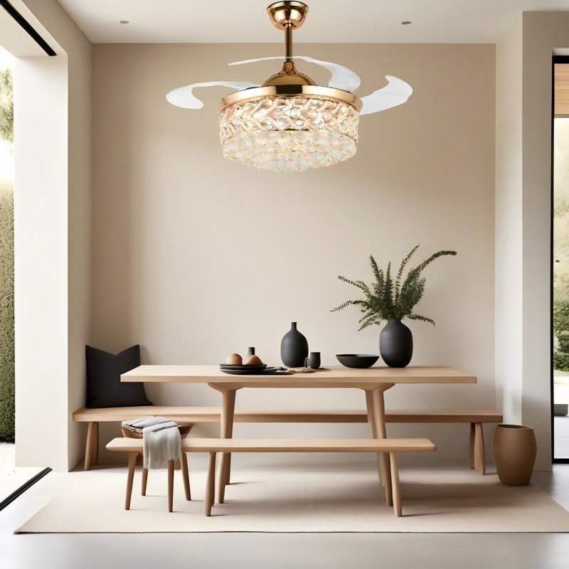 42 Inch Gold Heart-shaped Crystal Invisible Fan Light With Remote Control