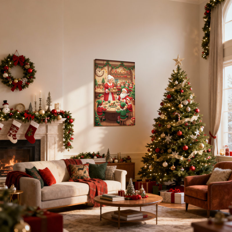 «Christmas Christmas Elf Gathering With Père Noël et Père Noël», ensemble de 3 impressions sur toile, H 30 po x l 20 po