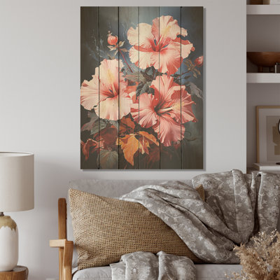 Fleurs d'hibiscus dans des teintes de corail tropical - Art mural en bois d'hibiscus sur bois de pin naturel