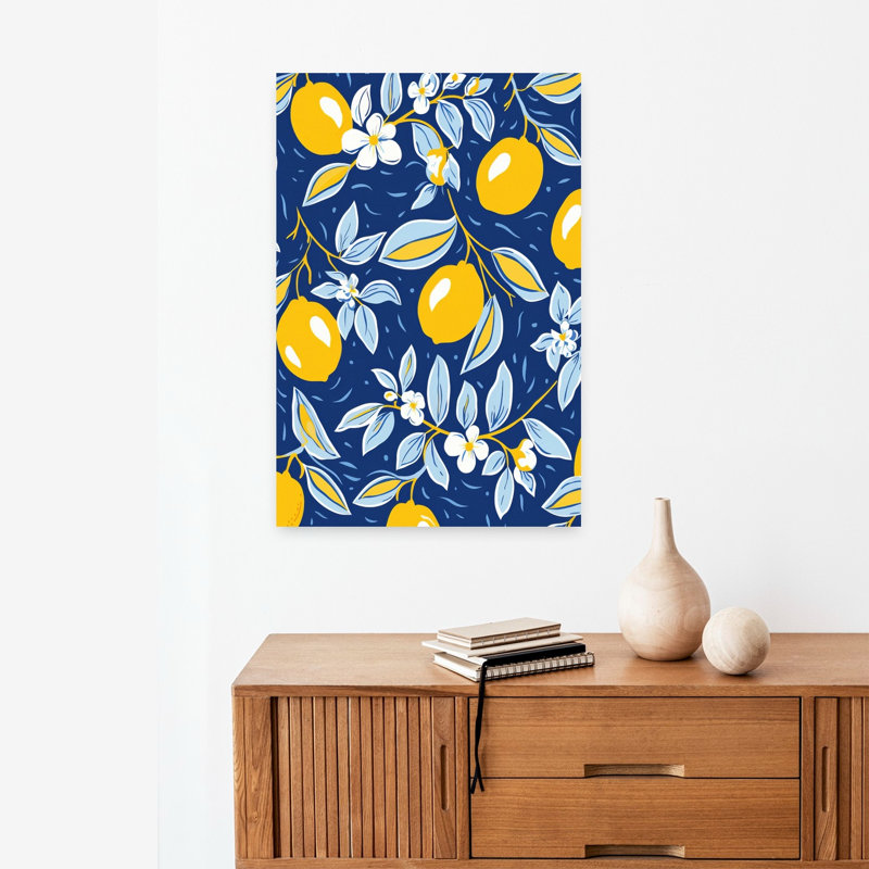 Motif de citron bleu abstrait coloré contemporain fleur fruit, H 24 po x l 16 po