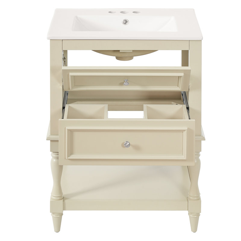 Meuble-lavabo de salle de bain 24 po avec lavabo en céramique, Beige, 24" W