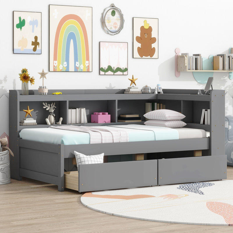 Lit simple en forme de L avec bibliothèques avec prises de courant, ports de chargement USB, deux tiroirs, Grey