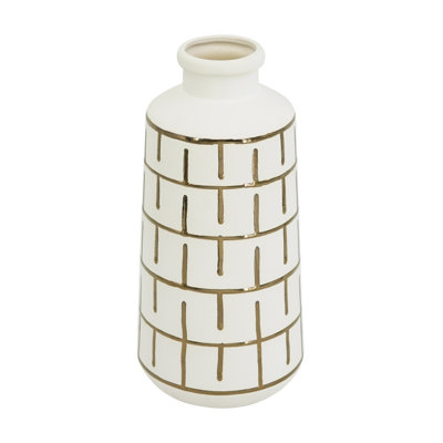 Round White Ceramic Vase with Gold Motif