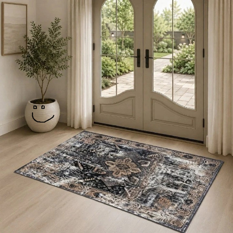 Floral Oushak Area Rug, Navy, Rectangle 80 cm x 150 cm