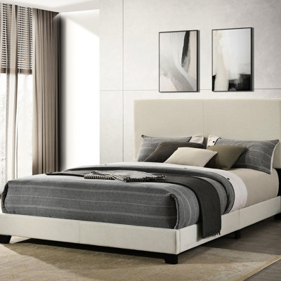 Grand lit rembourré crème avec tête de lit rembourrée confortable, bois et mousse, pieds noirs solides, style chambre à coucher contemporaine pour grand lit, bois d'ingénierie en bois d'hévéa, design