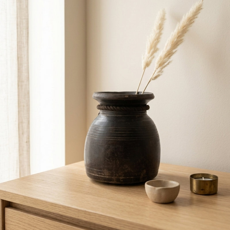 Vase rustique en bois brun patiné