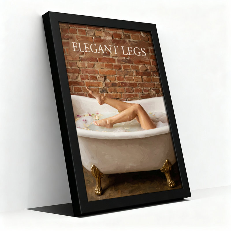 Pieds élégants dans une baignoire avec fond de mur de brique, reproduction d'art sur toile tendue sur toile