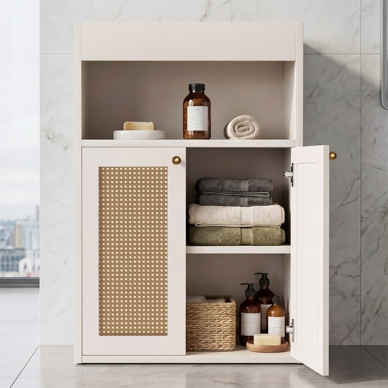 Armoire de rangement pour salle de bain avec 2 portes en rotin, White