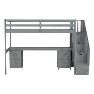 Loft Bed Frame With Built-In Desk And Double Storage Drawers