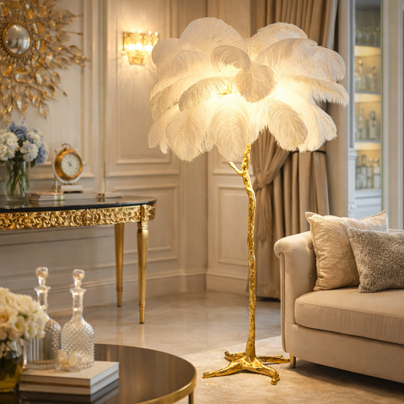Luxueuse lampe sur pied en plumes d'autruche, élégante lumière DEL à branches dorées, décor de maison ou de bureau