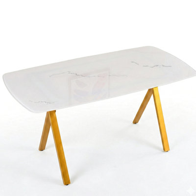 Table de salle à manger rectangulaire avec marbre - verre trempé et pieds en métal doré, support solide, entretien du plateau simple, sécurité, apparence unique