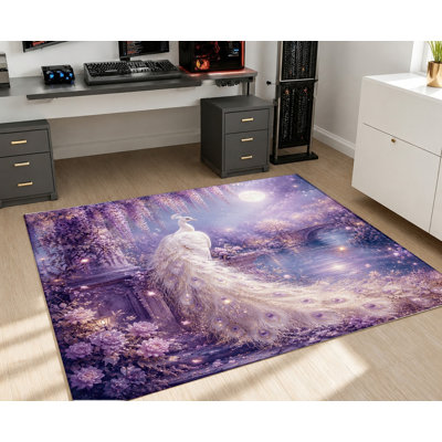 Fantasy Peacock Garden Area Rug, Enchanting Purple Floral Moonlight Scene, Artistic Aesthetic, Non-Slip Floor Carpet, Magical Indoor Home Decor for Living Room, Bedroom, Entryway, Front Door, Kitchen, Balcony, Apartment