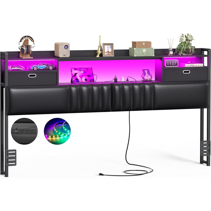 King Size Headboard with Drawer Storage and RGB LED Light, King Upholstered Headboard