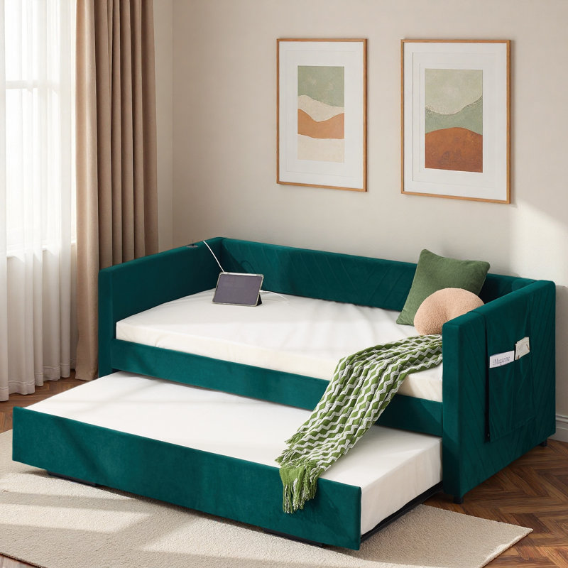 Upholstered Daybed With Trundle, Usb Port And Side Pockets, Emerald