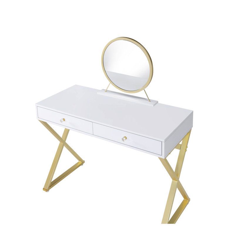 Coleen White & Gold Finish Vanity Desk W/Mirror & Jewelry Tray