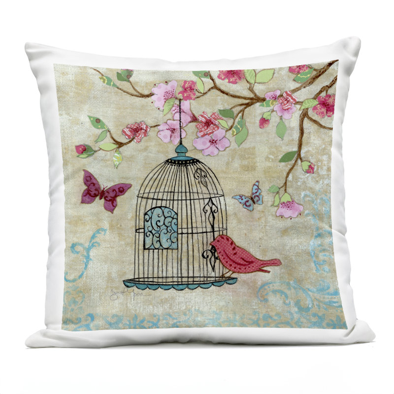 Coussin d'extérieur imprimé Spring Spring, Oiseaux roses
