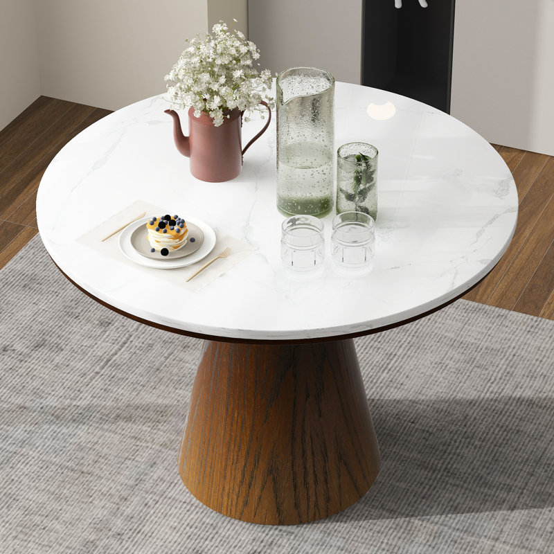 Ignotas Round 46.52'',Dining table,Kitchen table,Pedestal dining table with wood frame, White Marble/Brown