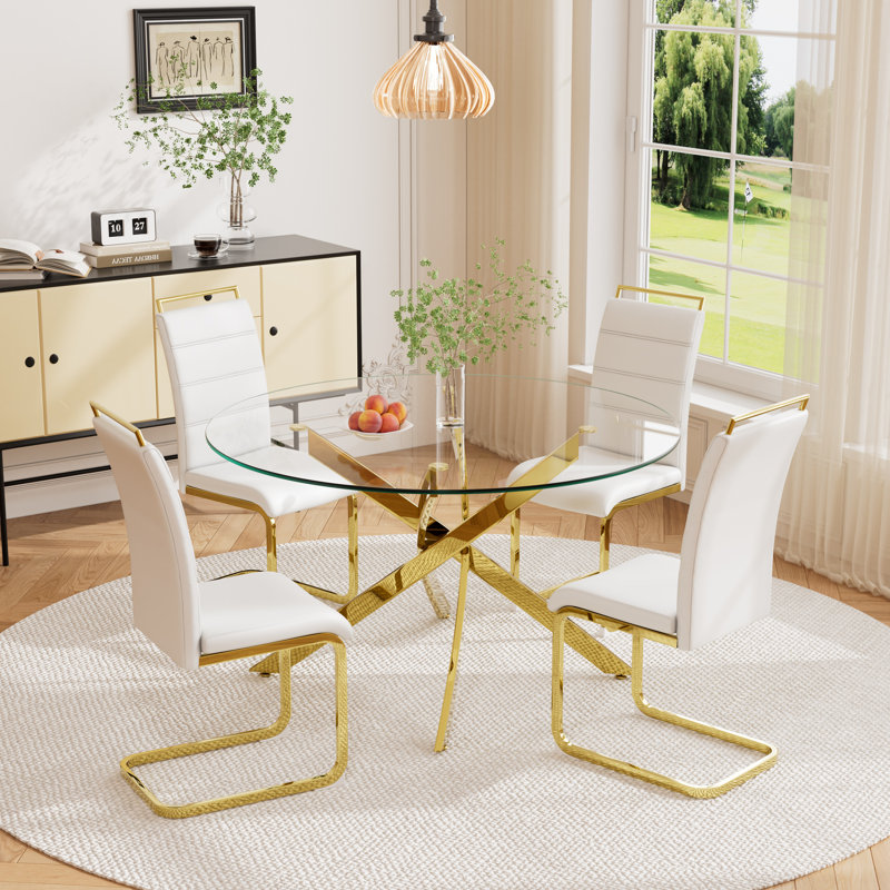Ensemble de salle à manger 5 pièces, table en verre et 4 chaises, Blanc, 29.52" H x 47.20" W x 47.20" D