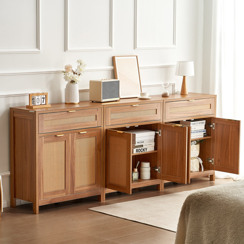Natural Wood and Rattan Cabinet with Adjustable Shelving