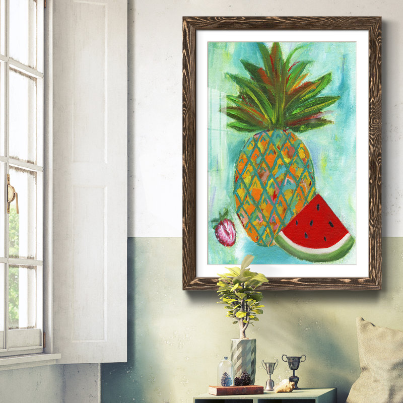 Ananas et melon d'eau II - reproduction de peinture sur papier encadrée, Papier, cadre noyer