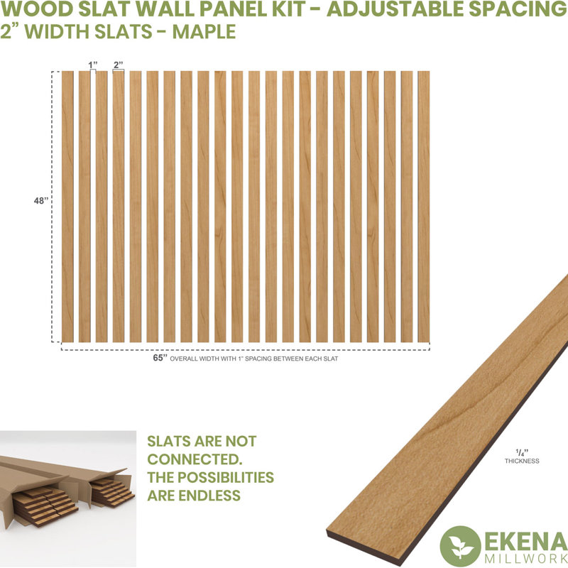 Adjustable Wood Slat Wall Panel Kit, 4"W x 94"H x 0.25"T, Maple