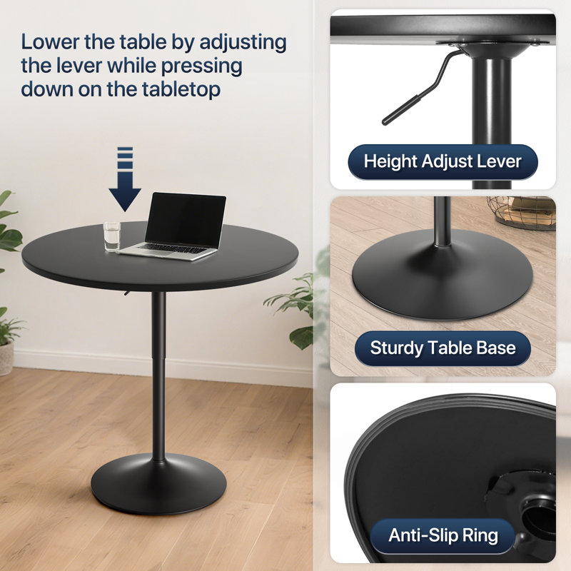 Hulker Round Pub Dining Table Height Adjustable With Wooden Tabletop Home Bar, Black