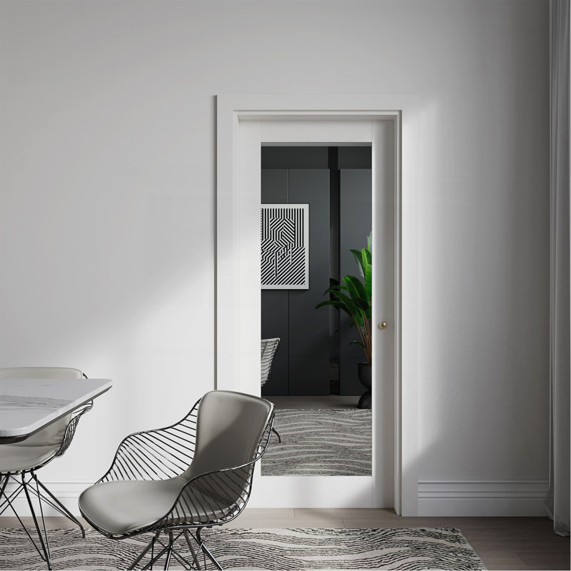 Porte française à dalle 32 po x 80 po, portes intérieures à dalle en bois massif avec miroir 1-Lite pré-assemblées pour la salle de bain du garde-manger garde-manger, porte à panneau apprêté blanc, sans quincaillerie
