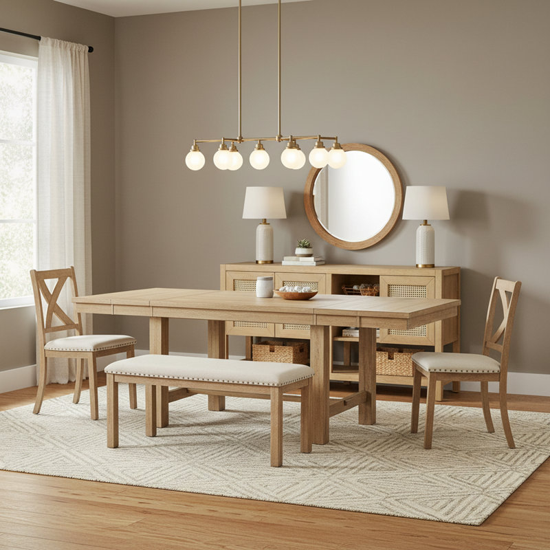 Ensemble de salle à manger extensible rustique 7 pièces avec chaises rembourrées, banc et buffet Boho