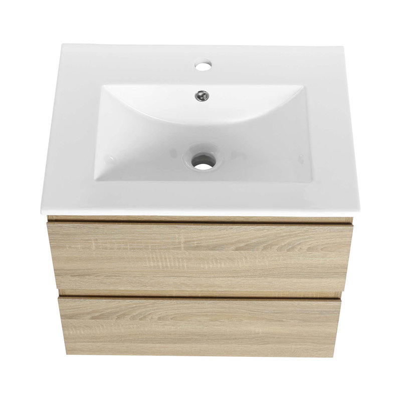 Meuble-lavabo mural avec lavabo en céramique, 2 tiroirs à fermeture en douceur, Blanc, Chêne clair, 24"